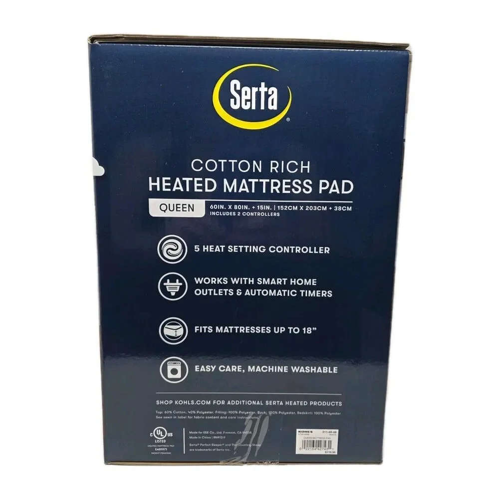 Serta Cotton Rich Queen Heated Mattress Pad Deep Fit, 5 Settings + 2 Controllers